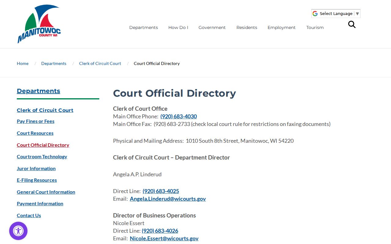 Manitowoc County court directory with branch contacts