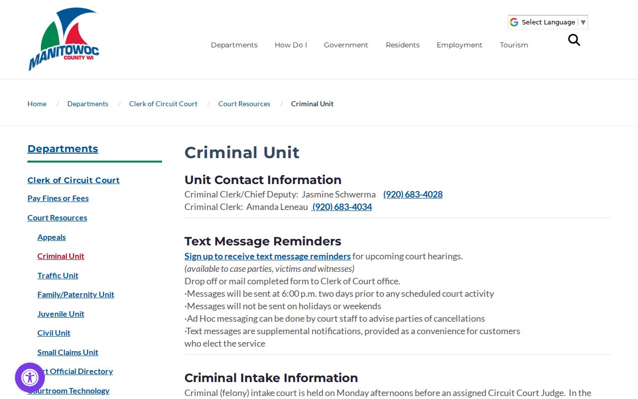 Manitowoc County criminal court docket intake information