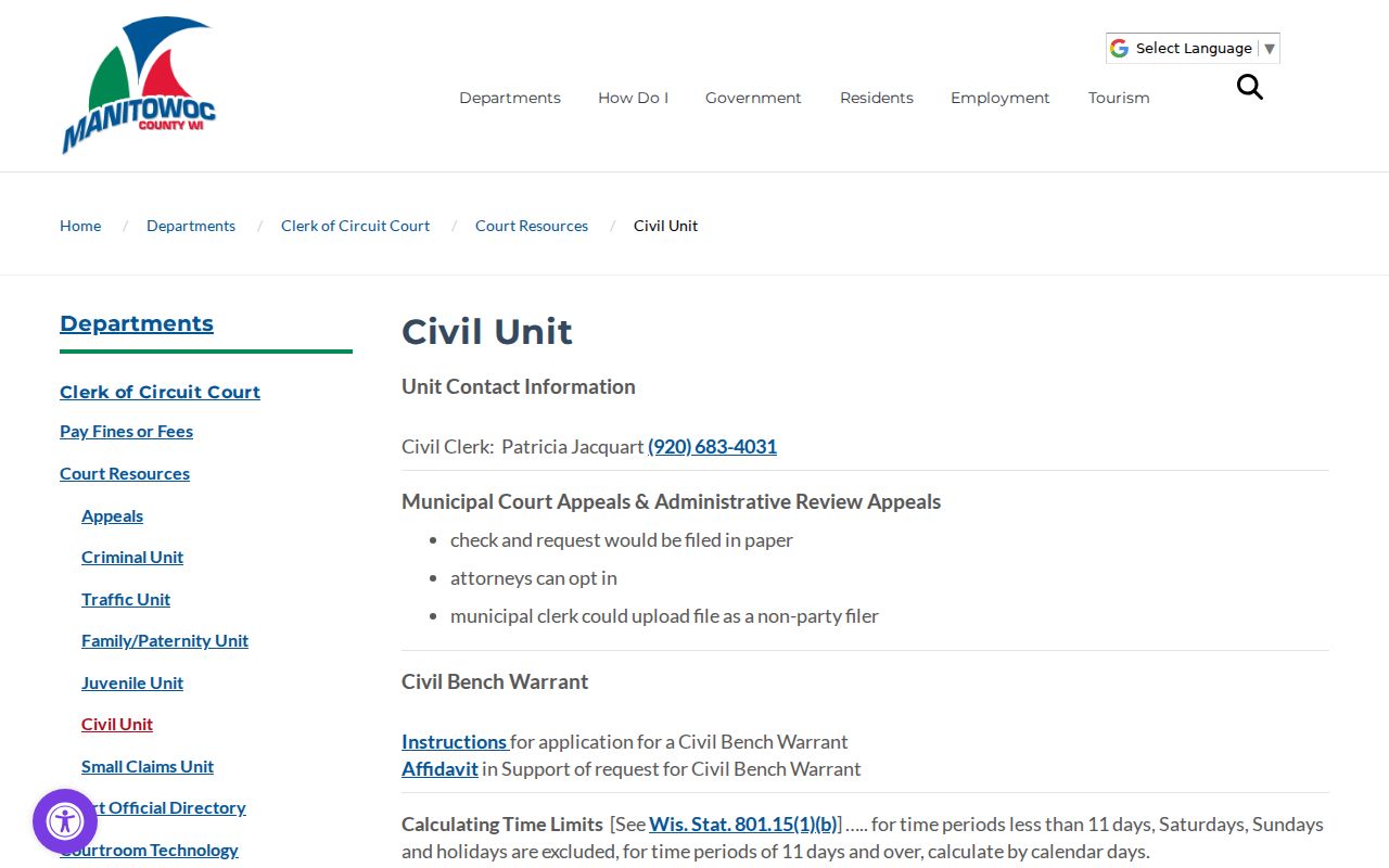 Manitowoc County civil court docket clerk information