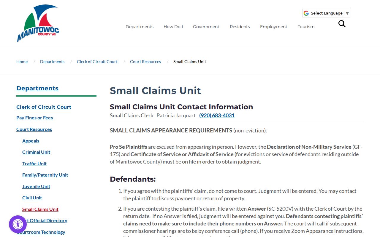 Manitowoc County civil docket small claims intake information