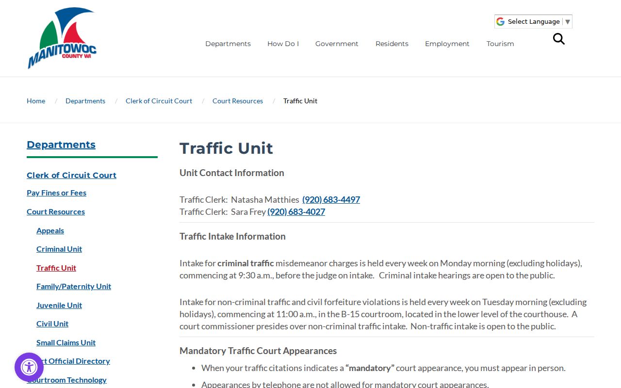 Manitowoc County traffic court records intake and appearance instructions