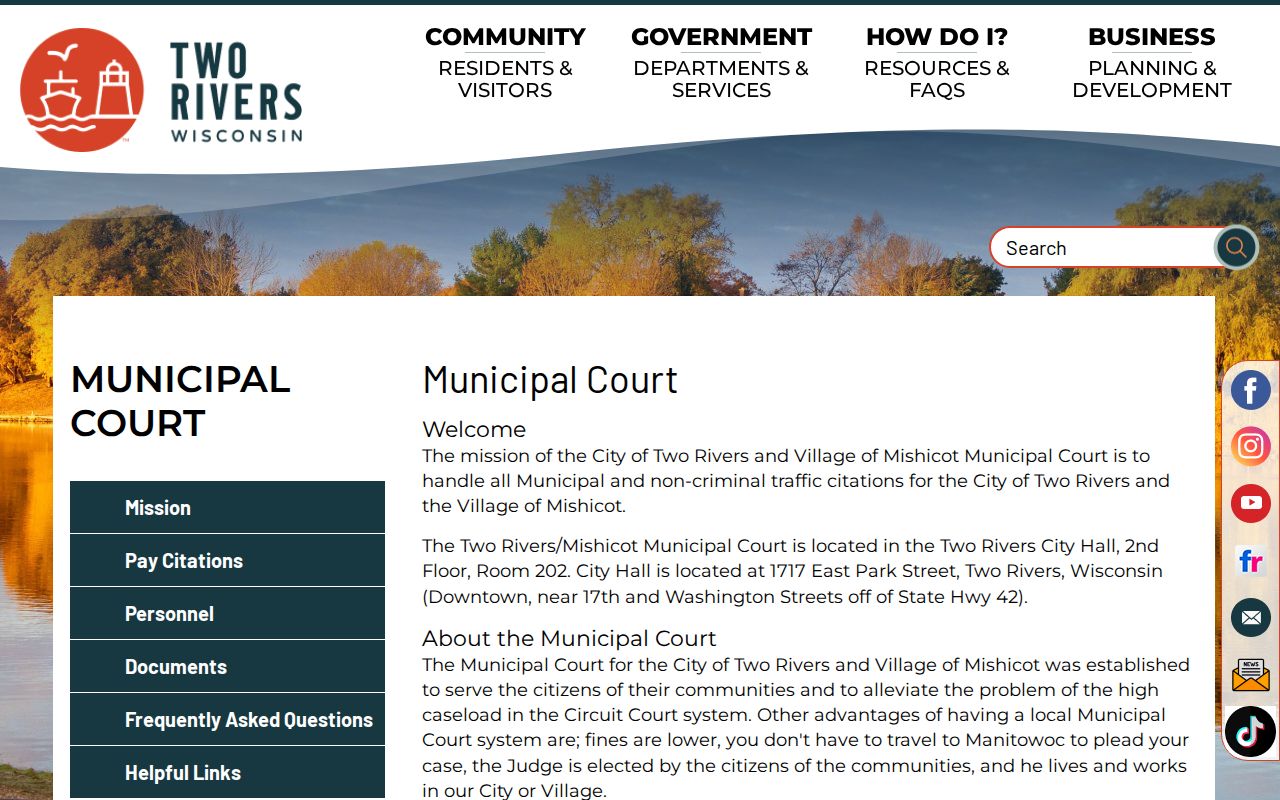 Two Rivers Mishicot Joint Municipal Court page and schedule